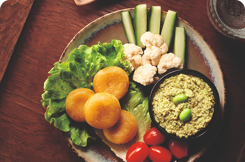 CHEESE IMO MOCHI, EDAMAME DIP & FRESH VEGETABLES
